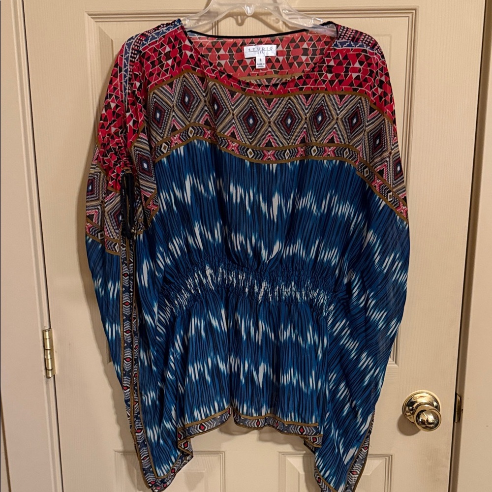 LARA Vibrant Red and Blue Geometric Blouse